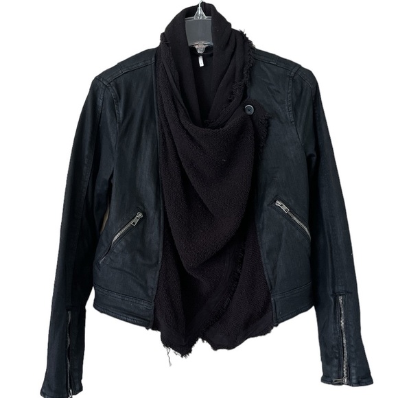 Free People Denim Moto Jacket Size 2 Black Terry Draped Scarf Zippers Biker - Picture 1 of 16